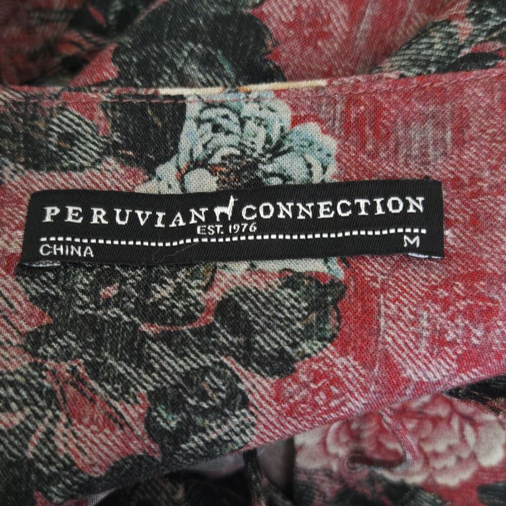 Peruvian Connection Dress Womens Medium Red Floral Lace Up Pockets Tunic - Picture 9 of 10